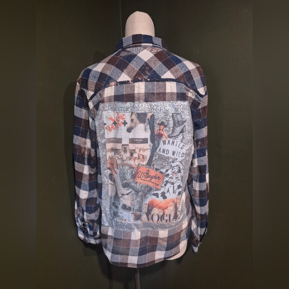 Upcycled Plaid Flannel Shirt w/ Western Vogie Graphic Collage Back